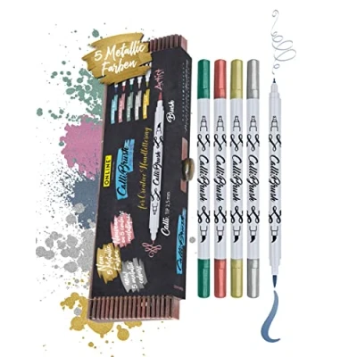 Abbildung von Online Brush Pen Set Calli.Brush Metallic I 5 Double Tip Pinselstifte mit Kalligrafie Spitze &amp; Pinselspitze Ungiftige Handlettering Stifte für Kalligraphie, Bullet Journals Co. in Bambus Etui