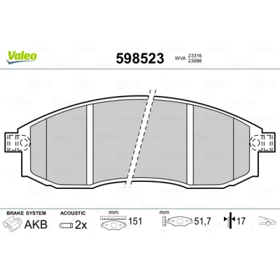 Abbildung von VALEO 598523 Bremsbelagsatz Vorderachse inkl. Verschleißwarnkontakt ohne Anti Quietsch Blech MITSUBISHI: L200 III Pickup