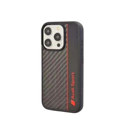 Abbildung von Audi Sport Handyhülle Kompatibel mit iPhone 15 Pro Stoßabsorbierende Hülle Carbon präzisen Aussparungen für Kamera, Anschlüssen &amp; Tasten Schwarz roten Details