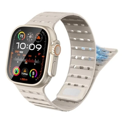 Abbildung von TiMOVO Magnetarmband Kompatibel mit Apple Watch 49/45/46/44/42 mm Herren Damen, Sport Magnetisches Silikon Uhrenarmband für iWatch Ultra 2 SE Serie 10 9 8 7 6 5 4 3 1, Sternenlicht Gold