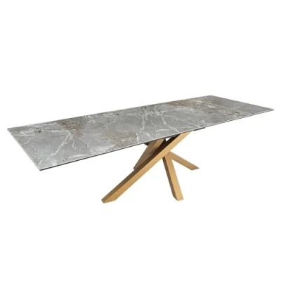 Abbildung von riess ambiente Esstisch MARVELOUS 180 220 260cm grau rost / kupfer gold · bis 12 Personen (Einzelartikel, 1 St), Keramik Glas Platte Metall ausziehbar Industrial Design