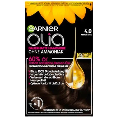 Abbildung von Garnier Olia Nr. 4.0 Mittelbraun, dauerhafte Haarfarbe mit intensiver Farbkraft, ohne Ammoniak, enthält 60% Öle der Colorations Creme