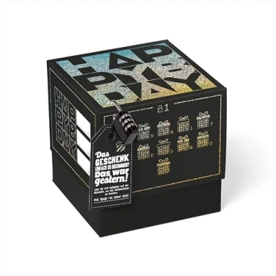 Abbildung von SURPRISA Geschenkbox Rätselbox Happy Bday Schwarz mit Glitzerfolie kreative Verpackung für Geburtstagsgeschenke &amp; Gutscheine (Größe 16 cm)