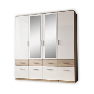 Abbildung von Stella Trading BOX Eleganter Kleiderschrank mit Spiegel &amp; Schubladen Geräumiger Drehtürenschrank in Sonoma Eiche Optik, Weiß 180 x 198 55 cm (B/H/T)