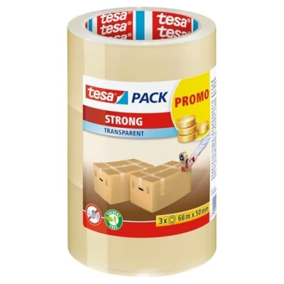 Abbildung von tesa tesapack Strong Geräuscharmes Paketklebeband zum Verpacken von Paketen und Versandschachteln transparent 3 Rollen je 66 m: 50mm
