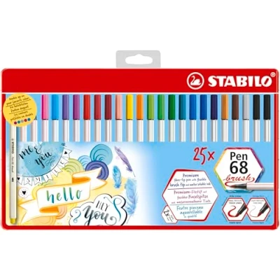 Abbildung von Premium Filzstift mit Pinselspitze für variable Strichstärken STABILO Pen 68 brush 25er Metalletui Hängelasche 24 verschiedenen Farben