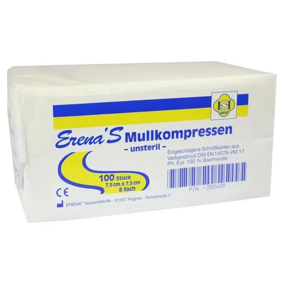 Abbildung von Erena Unsteril Mullkompressen 7,5x7,5 cm 8fac h 100 St