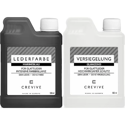 Abbildung von CREVIVE Lederfarbe Marineblau 500 ml &amp; Leder Versiegelung Glänzend für Echtleder zum färben und umfärben Schutz zur Fixierung von Farbe Sofa Auto