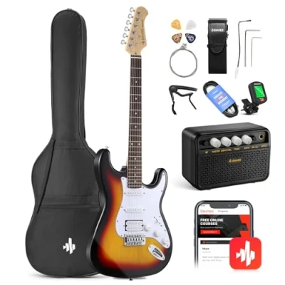 Abbildung von Donner E Gitarre Set 39 Zoll Gitarren mit Verstärker, Tasche, Capo, Gurt, Saiten, Tuner, Kabel und Plektren (Sunburst)
