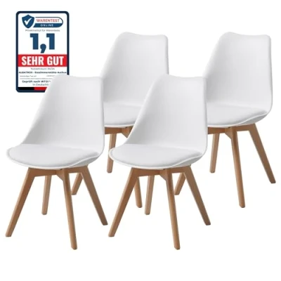 Abbildung von Albatros International Esszimmerstuhl Esszimmerestuhl Küchenstuhl AARHUS, Beine aus Massiv Holz (4er Set, Weiss Buche), bequemer Schalenstuhl, Skandinavisches Retro Design, elegant