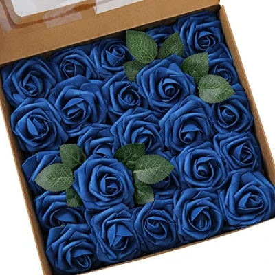 Abbildung von Künstliche Rosen Blumen Schaumrosen Foamrosen Kunstblumen Rosenköpfe Gefälschte Kunstrose Rose DIY Hochzeit Blumensträuße Braut Zuhause Dekoration (25 Stück, Königsblau)
