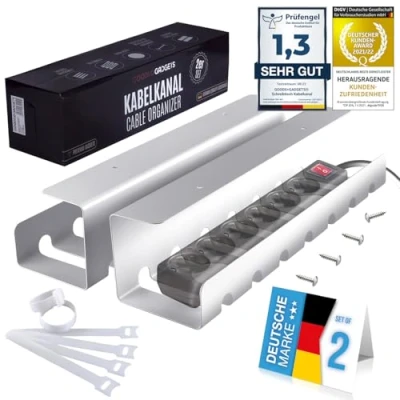Abbildung von Kabelkanal für Schreibtisch Ordnung; Kabelmanagement System am Arbeitsplatz; Kabelhalter, Kabelwanne, Kabelkorb; 2er Set Steckdosenleisten Halter Tische (Weiß, 1 Stück)