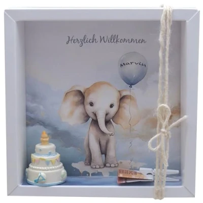Abbildung von ZauberDeko Taufe Geldgeschenk Verpackung personalisiert MIT Namen Elefant Blau Geburt