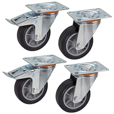 Abbildung von Dörner + Helmer 4er Set Transportgeräte Lenkrolle 100 mm TPE, Platte x 85 mm, Rollenmix, Tragkraft 210 kg/Set