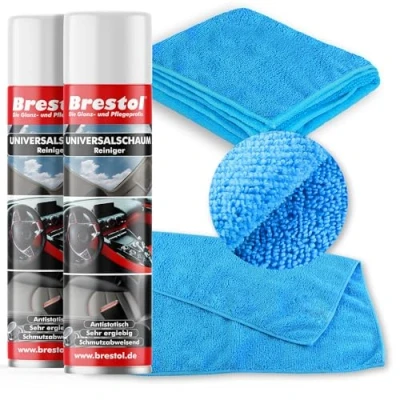 Abbildung von Brestol Autoreiniger Set2 2x 400 ml Dose + Universaltuch Universalreiniger Schaum Glasreiniger Scheibenreiniger Spiegelreiniger Fensterreiniger Reinigerschaum Universalschaum