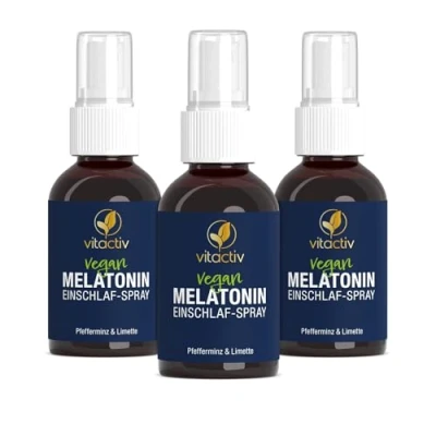 Abbildung von VITACTIV Melatonin Einschlafspray Pfefferminze &amp; Limette 1155 Tage Vorrat, Hochdosiert Spray plus Passionsblumen Extrakt, Vitamine B1 und B6 Zuckerfrei Vegan 150ml Sofort