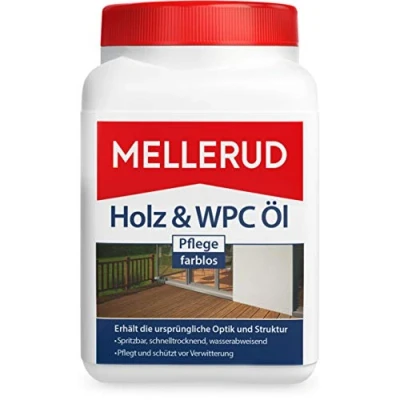 Abbildung von MELLERUD Holz &amp; WPC Öl Pflege farblos 1 x 0,75 l Wasserabweisender Schutz vor Verwitterung von Holz, und BPC im Innen Außenbereich