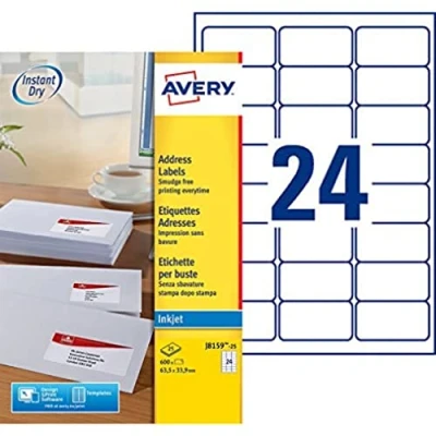 Abbildung von Avery J8159 25 Adressetiketten für Tintenstrahldrucker in Schachtel 63,5 x 33,9 mm 600 Stück Weiß