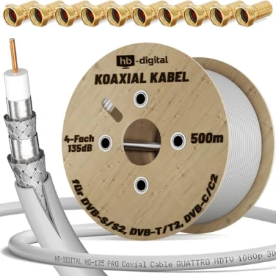 Abbildung von HB DIGITAL 500m Koaxialkabel HQ 135 Antennenkabel 135dB SAT Kabel 8K 4K UHD 4 Fach geschirmt für DVB S / S2 C C2 T T2 DAB+ Radio BK Anlagen + 24 F Stecker GRATIS