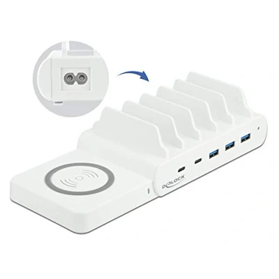 Abbildung von DeLOCK USB und kabelloses Ladegerät 2 x Type C™ PD + 3 Typ A mit 110 W, Freistehend, Weiß, 100 240 V, 2.4 A, 5 95 mm