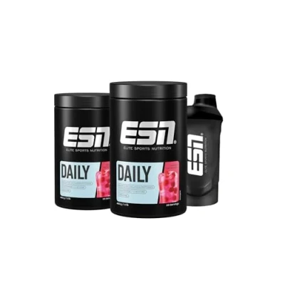 Abbildung von ESN Daily, Raspberry Iced Tea, 2 x 480 g + Gratis Shaker, mit Glutamin, Creatin, Collagen &amp; L Leucin für deine Bänder, Gelenke, Sehnen und Knorpel made in Germany