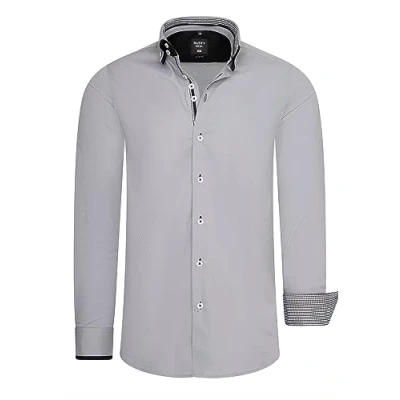 Abbildung von Rusty Neal Herren Hemd mit Doppel Kragen und aufwendigem Knopf Design Stretch Langarm Freizeit Hemden 028, Farbe:Grau, Größe S 3XL:M