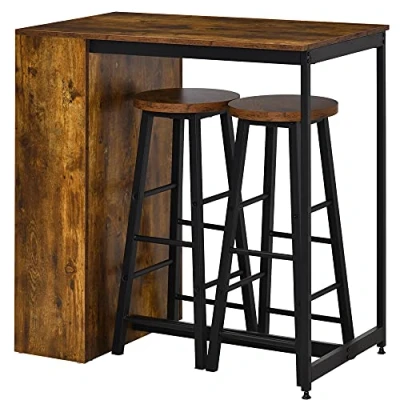 Abbildung von HOMCOM Bartisch Set Stehtisch mit 2 Barhockern 3 teiliges Bistrotischset Küchentresen Ebenen Essgruppe Esszimmergruppe im Industrie Design Stahl Rustikales Braun+Schwarz