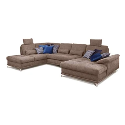 Abbildung von Cavadore Wohnlandschaft Castiel mit Federkern / Großes U Form Sofa Schlaffunktion, Bettkasten, Sitztiefenverstellung und Kopfstützen 368 x 114 232 Webstoff, Hellbraun