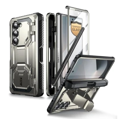 Abbildung von i Blason für Samsung Galaxy Z Fold 6 Hülle mit S Pen Halter, [Mit Displayschutz aus gehärtetem Glas], Militärqualität Handyhülle Bumper Case Schutzhülle [Armorbox] Ständer (Grau)