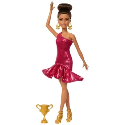 Abbildung von Barbie Turniertänzerin Modepuppe mit rotem Rüschenkleid, Tanzschuhen, braunen Haaren und Tanzpokal Zubehör, JFR09