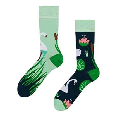 Abbildung von Dedoles Socken Unisex Damen Herren &amp; Kinder Baumwolle viele lustige Designs 1 Paar Geschenk links rechts verschieden, Farbe Grün, Motiv Weißer Schwan, Gr. 39 42