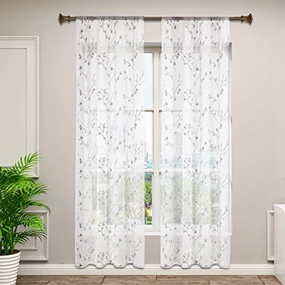 Abbildung von WOLTU VH6057gr 2, 2er Set Gardinen transparent Blumen Stickerei mit Kräuselband Leinen Optik, Doppelpack Vorhang Stores Voile Fensterschal Dekoschal für Wohnzimmer Schlafzimmer, 140x245 cm, Grau