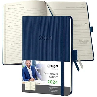 Abbildung von SIGEL C2463 Terminplaner Wochenkalender 2024, ca. A6, dunkelblau, Hardcover, 176 Seiten, Gummiband, Stiftschlaufe, Archivtasche, PEFC zertifiziert, Conceptum