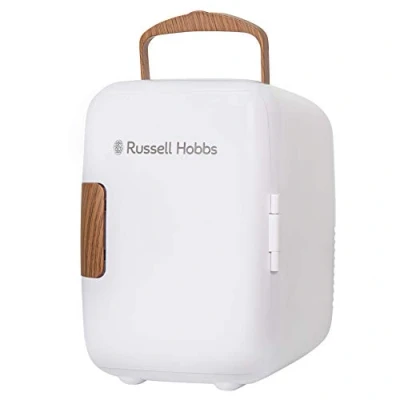 Abbildung von Russell Hobbs RH4CLR1001SCW Mini Tragbarer Kühler und Dosenwärmer für Getränke, Kosmetik, Make up, Hautpflege, AC/DC Stromversorgung, Scandi Stil, Weiß &amp; Holz Effekt,