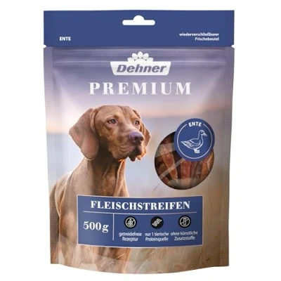 Abbildung von Dehner Premium Hundesnack, Leckerli getreidefrei / fettarm, Kausnack für ausgewachsene Hunde, Entenbrustfilet in Streifen, 500 g