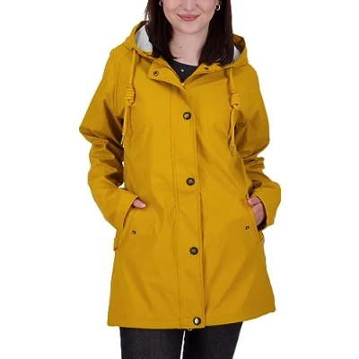 Abbildung von Ankerglut Damen Friesennerz Regenmantel Kapuze Gefüttert Wasserdicht Wetterfest Übergangsjacke #ankerglutnebel Regenjacke, Mustard, 42
