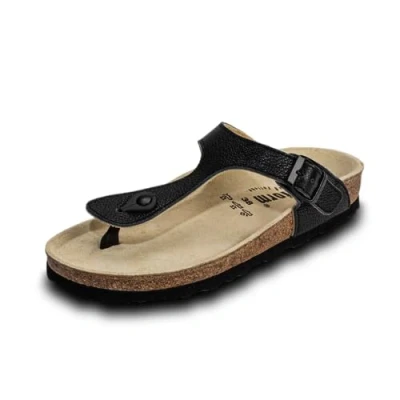 Abbildung von VITAFORM® Zehentrenner für Damen I Sandalen Pantoletten Sommer Schuhe Strandschuhe Leder Naturkork Sohle Luftpolsterung anatomisch geformtes Fußbett Gelenkschonend dämpfend schwarz 40
