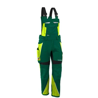 Abbildung von Grizzlyskin Latzhose Grün/Warngelb N76 Workwear Arbeitshose für Männer &amp; Damen, Unisex Blaumann, Codura Schutzhose mit vielen Taschen