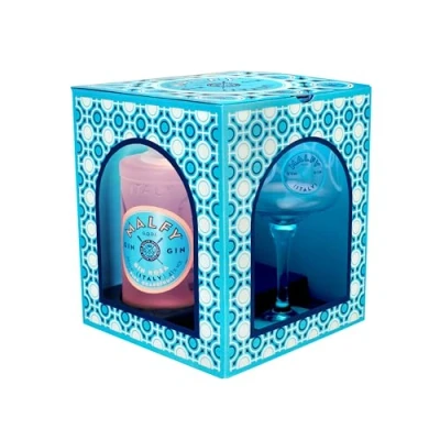Abbildung von Malfy Gin Rosa Premium aus Italien mit Pink Grapefruit und Rhabarber Geschenkverpackung Original Copa Glas 1 x 0,7 l