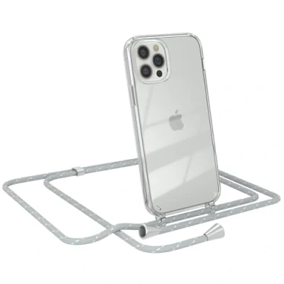 Abbildung von EAZY CASE Handy Chain kompatibel mit iPhone 12/12 Pro, Handykette Tasche transparent, Stoßfeste Soft Silikon TPU, Stylische Kette Hülle für Smartphone, Grau/Weiß Verschlüssen in Silber