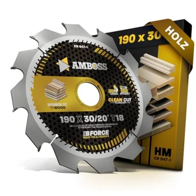 Abbildung von HM Kreissägeblatt 190x30 20 Z18 Wechselzahn für Akku Holz schneller Zuschnitt. AMBOSS WERKZEUGE® Sägeblatt 190mm +Reduzierring 30mm. 190x20 komp. zu Bosch GKS 190. 65 GCE. 18V 68 G