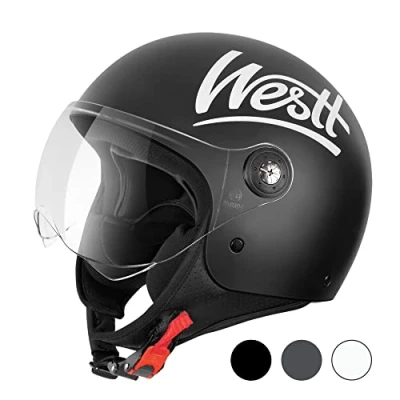 Abbildung von Westt Jethelm Motorradhelm mit Visier ECE 22.06 Zertifiziert Roller Helm für Damen und Herren Mopedhelm Ideal Motoroller, Moped, Scooter, Mofa usw