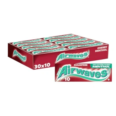 Abbildung von Airwaves Kaugummi Zuckerfrei, Cherry Menthol, 30 x 10 Dragees, Großpackung Chewing Gum, mit Natürlichem ohne Zucker Minz Frische (300 Dragees)