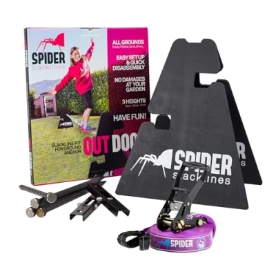 Abbildung von SPIDER Slackline Outdoor Kit Custom für Anfänger den Einsatz im Freien ohne Bäume Enthält: 1 individuelle Slackline, 2 Stative, Platten, 4 Nägel und eine Anleitung 15m