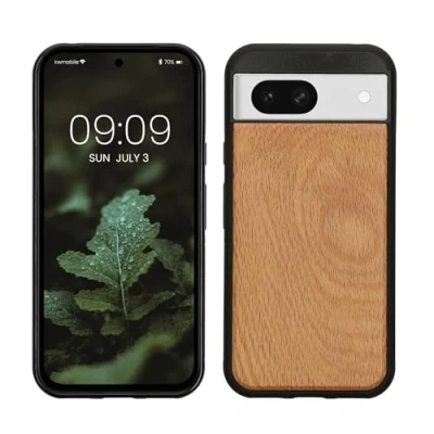 Abbildung von kwmobile Hülle kompatibel mit Google Pixel 8a Holz Case stoßfestes Handy Cover TPU Handyhülle in Hellbraun Braun