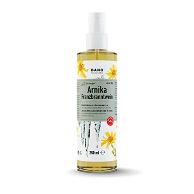 Abbildung von BANO Tiroler Arnika Franzbranntwein 250ml, Ideal vor und nach Sport, sowie bei Muskelkater, zum Kühlen schwerer Beine, enthält 65% vol. Alkohol, Latschenkieferöl, Menthol Arnikaextrakt