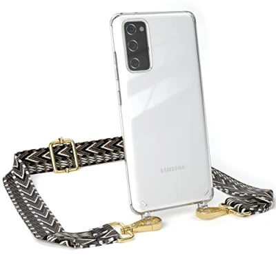 Abbildung von EAZY CASE Handykette Verstellbarer Gurt kompatibel mit Samsung Galaxy S20 FE / 5G, Schulterriemen, Flache Kordel, Handykordel Hülle, Hülle Kette, Grau/Schwarz Metall Gold