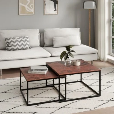 Abbildung von Couchtisch 2er Set quadratisch aus Holz, Wohnzimmertisch Modern, Beistelltisch 2 in 1 mit Metallgestell für Wohnzimmer Büro Loft Design Twin Eiche dunkel