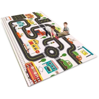 Abbildung von ZFHNYJWKL Kinder spielteppich Auto Jungen &amp; Mädchen Teppich Straßenteppich Bauteppich Stadtstadt Lernbereich Pädagogischer Antirutsch für Kinderzimmer Grau Blau Grün(E,200X300CM)