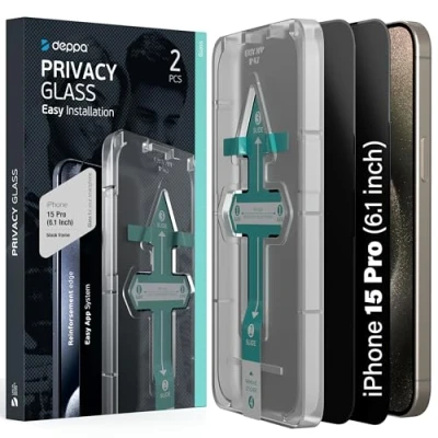 Abbildung von Deppa 2 Stück Sichtschutz für Iphone 15 Pro (6.1 Zoll) mit Schablone Privacy Anti Spy Glas, Folie, Schutzfolie, Schutzglas, Displayschutz, Sichtschutzfolie